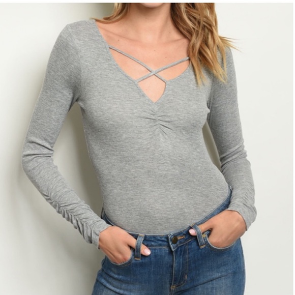 Grey ribbed cris cross bodysuit - Picture 2 of 8